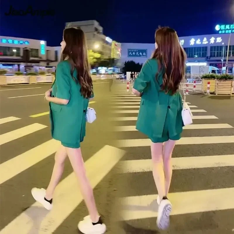 Uveng Women's Summer Suit 2023 New Casual Suit Jacket Shorts Two Piece Korean Fashion Elegant Blazers Pants Set Female Trouser Clothes