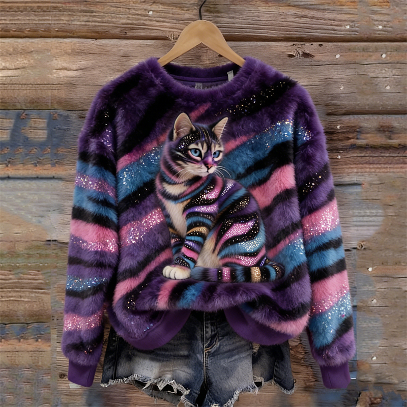 Colorful Glitter Tabby Cat Inspired Cozy Plush Sweatshirt wearshes