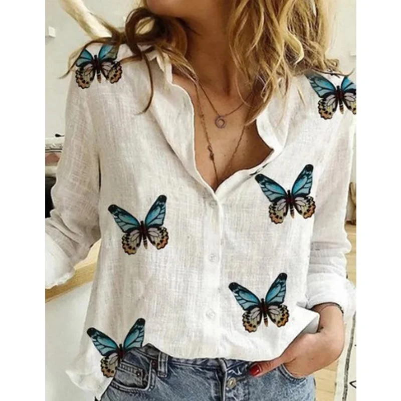 Gentillove Autumn Long Sleeve Casual Loose Shirt Women Elegant Butterfly Floral Print Tops and Blouses 2020 Vintage Cotton Tunic