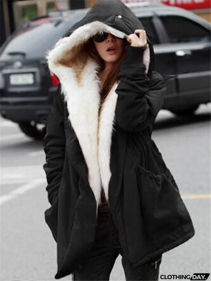 Warm Thicken Fur Interior Waist Drawstring Pocket Hooded Coat