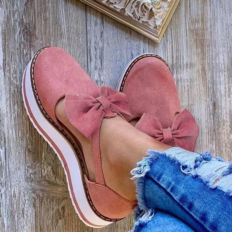 Women Bowtie Platform Flat Loafer Summer Shoes Ladies Slip On Cover Heel Shoes Female Sewing Woman Fashion Footwear Plus Size