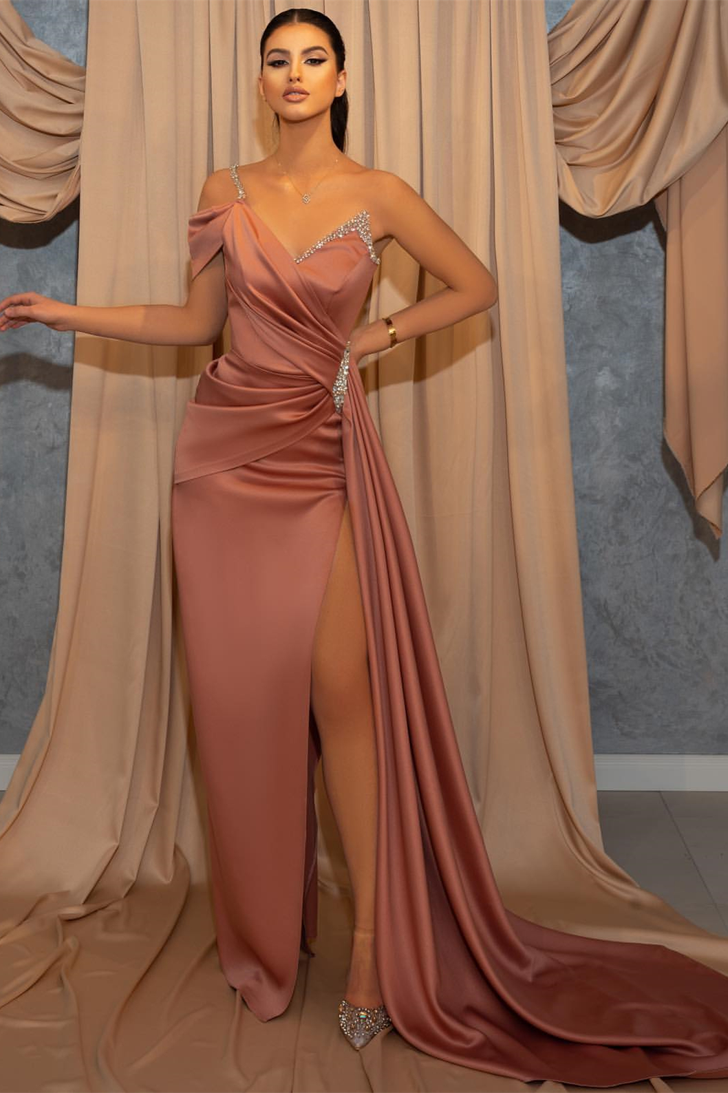 Bellasprom Dusty Rose Mermaid Prom Dress Long Slit With Beads One Shoulder Bellasprom