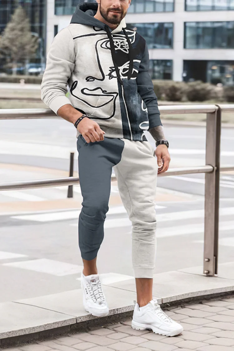 Line Art Color Matching Tracksuit Two Piece Set