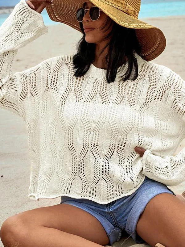 Athvotar Athvotar New Beach Hooded Solid Color Hollow Knitted Long-Sleeved Sunscreen