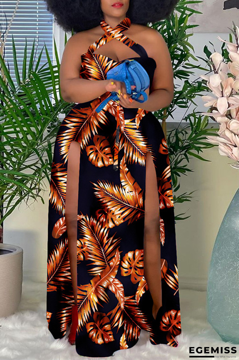 Tangerine Red Sexy Print High Opening Halter Plus Size Dresses | EGEMISS