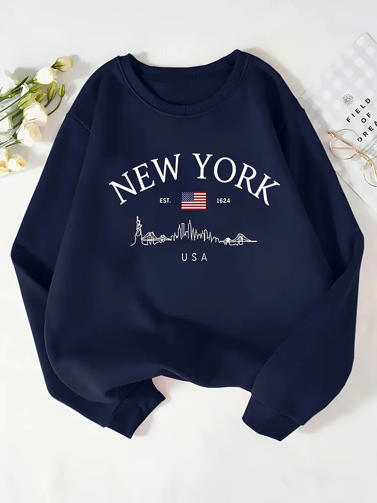 Women's Navy Blue New York City & American Flag Graphic Sweatshirt - Casual Pullover With, Machine Washable Fall/Winter Sweater For Everyday & Travel Outfits, Classic Sweater For Ladies, Fall Fashion, Sporty Look, Soft Material, Long Sleeve Top