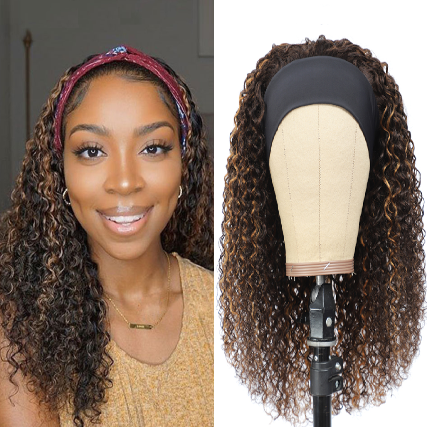 Brazilian Curly highlight Wig Ombre #4/27 Ombre Color Glueless Headband Wig 180%&220% Density Human Hair Wigs Bling Hair