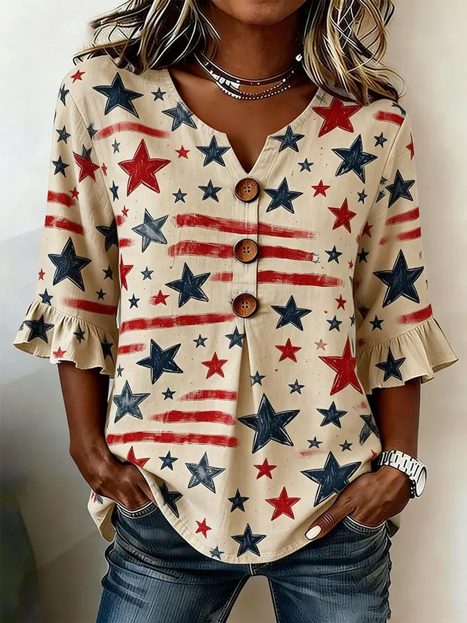 Women's Casual Retro Cotton-Linen Patriotic Shirt 