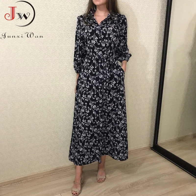 Women Floral Print Elegant Vintage A line Long Dresses Spring Summer Turn-down Collar Chic Party Maxi Dress  Robe Femme