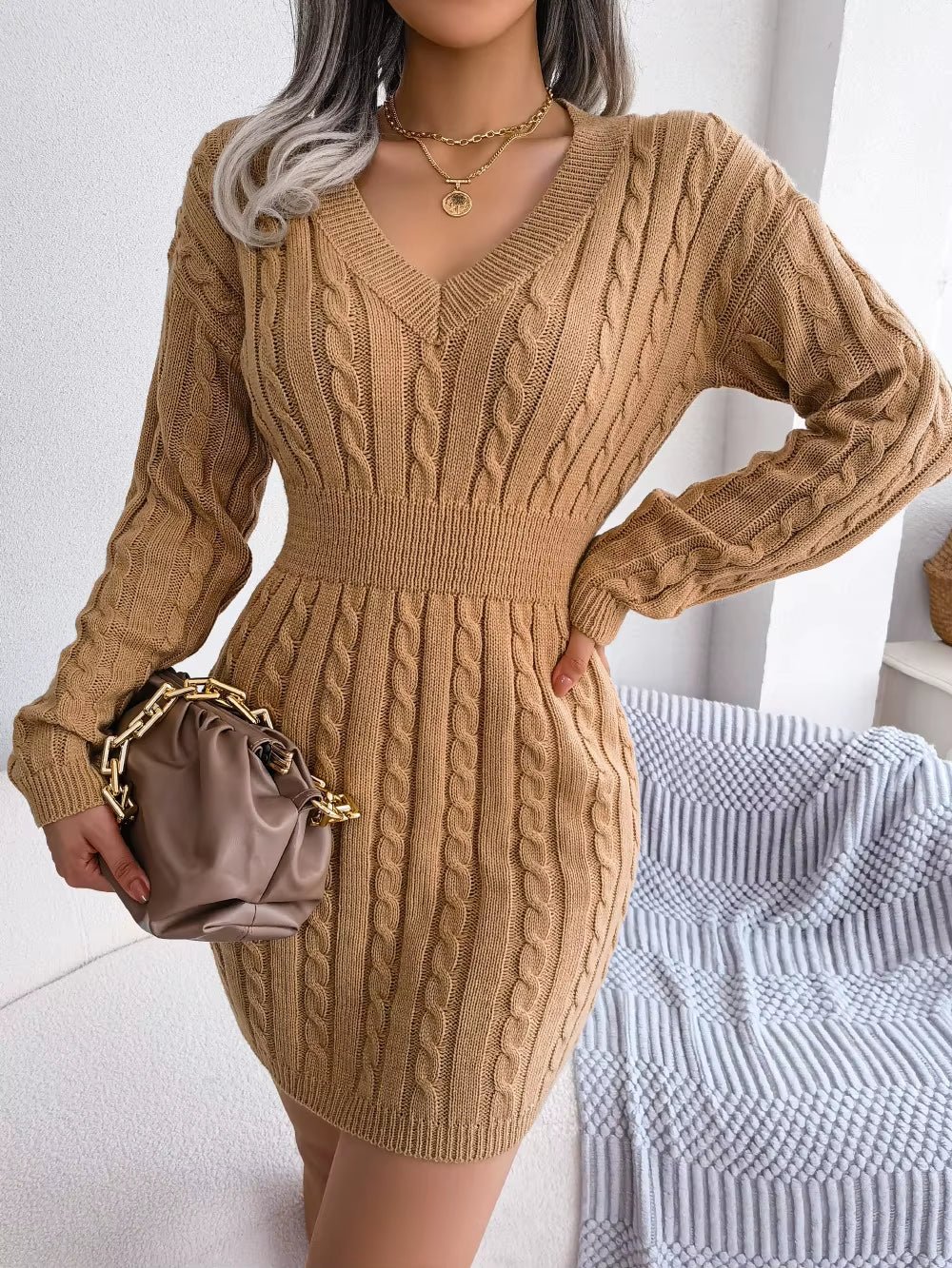 Autumn Winter Knitted Slim Sweater Mini Dresses for Women Long Sleeve V Neck Solid Bandage Blue White Short Dress for Business