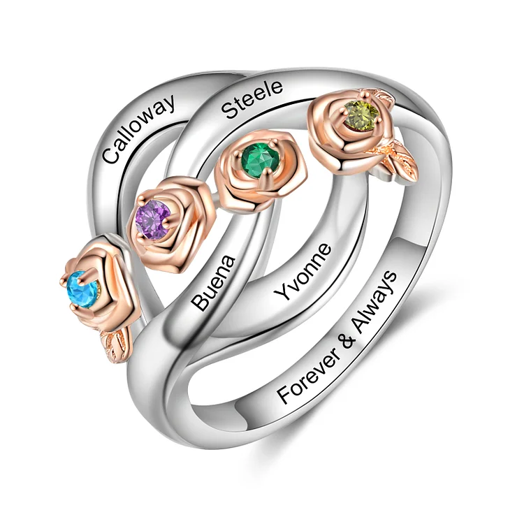 Personalized Rose Ring With 4 Birthstones Engraved Names Ring Gift For Women