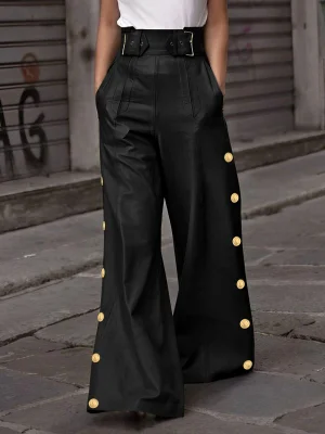 Image of Loose Wide Leg Belted Buttoned Solid Color Casual Pants Bottoms Trousers