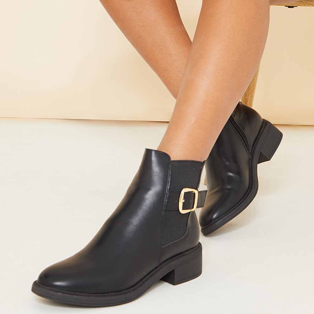 Black Vegan Leather Round Toe Buckle Chunky Heel Ankle Boots Nicepairs