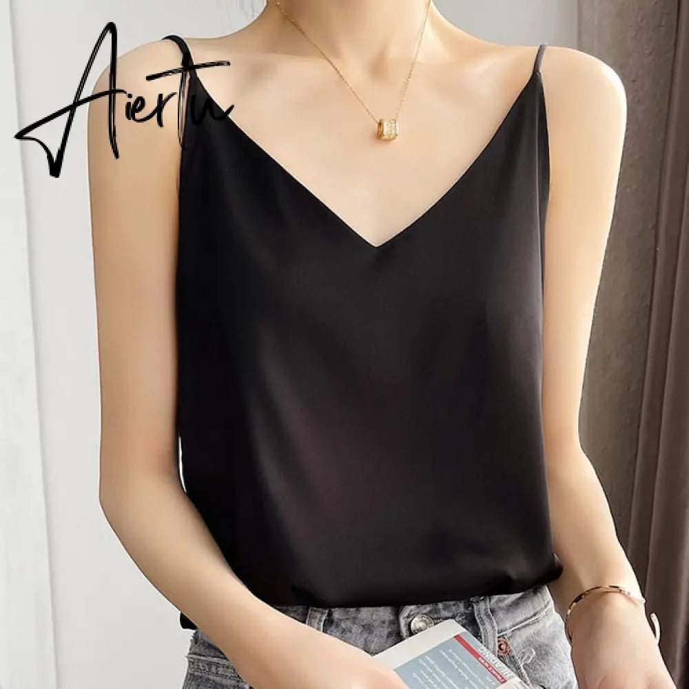 Aiertu Summer Shiny Satin Silk Tshirt Women Harajuku T Shirt Women Sleeveless Fashion T-shirt Woman Tee Tops Casual Female Luxury Sexy Aiertu
