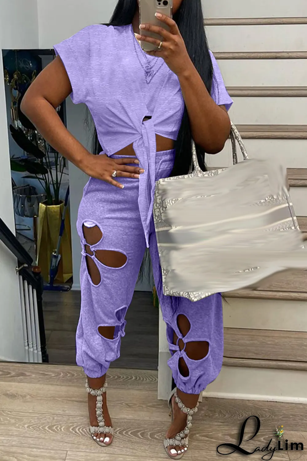 Grey Casual Solid Ripped O Neck Short Sleeve Two Pieces