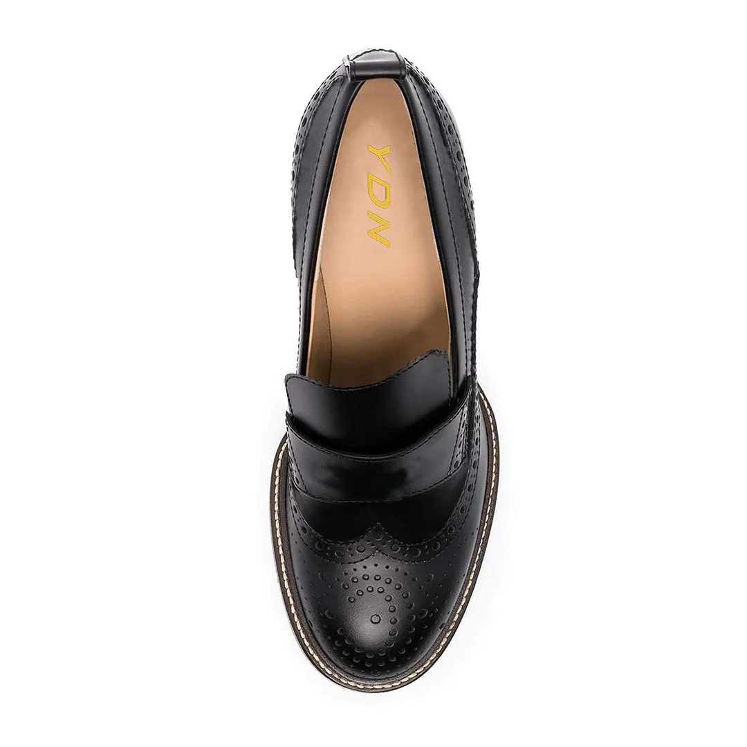 Black Vegan Leather Round Toe Cut-Out Platform Loafers with Block Heel