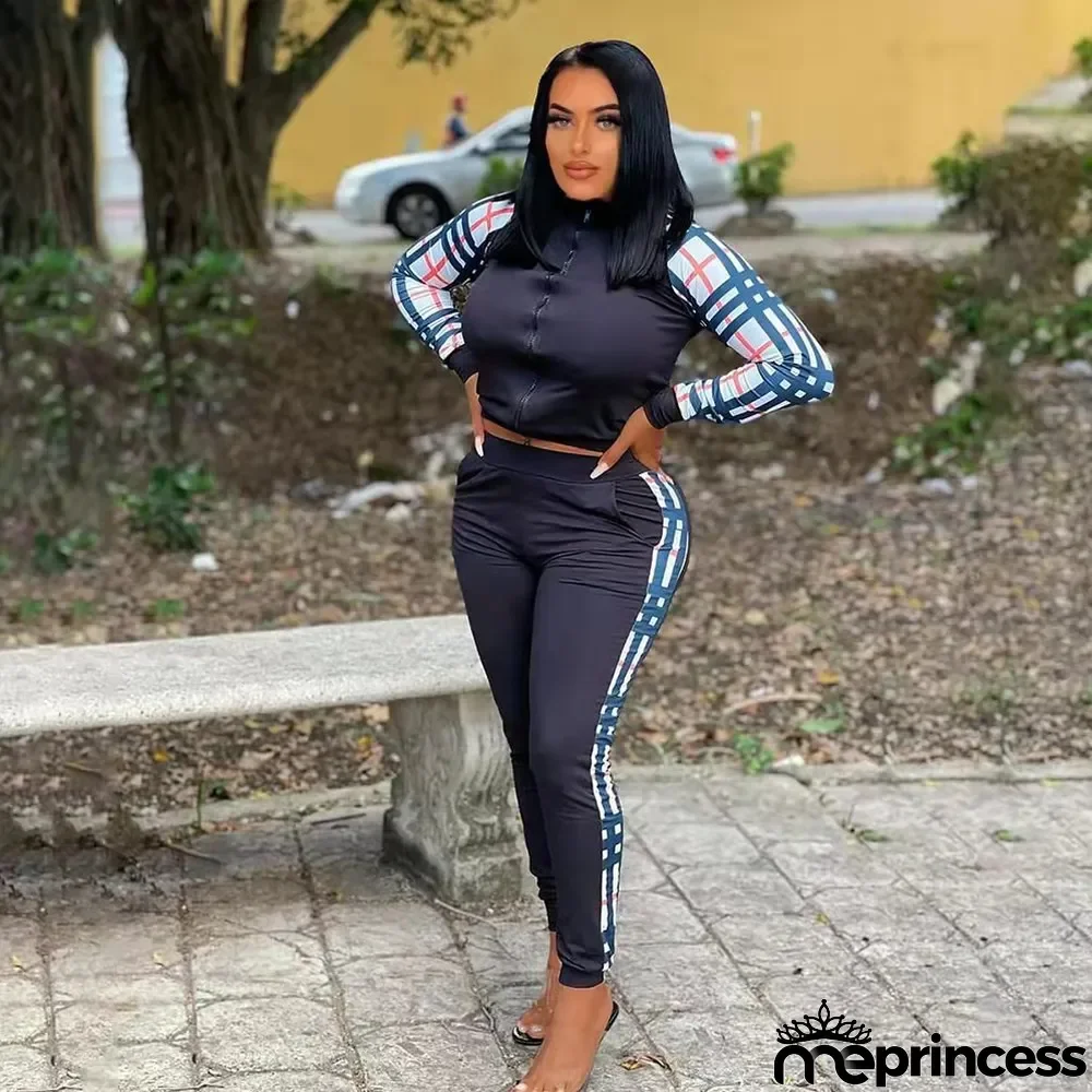 Casual Striped Long Sleeve Panel Zip Two Piece