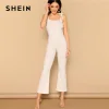 SHEIN Sexy White Self Tie Shoulder Flare Leg Rib-knit Straps Jumpsuit Low Waist Skinny Summer Women Solid Slim Elegant Jumpsuits