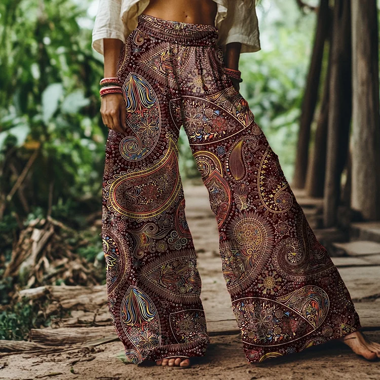Vintage Paisley Ethnic Print Loose Wide-leg Pants