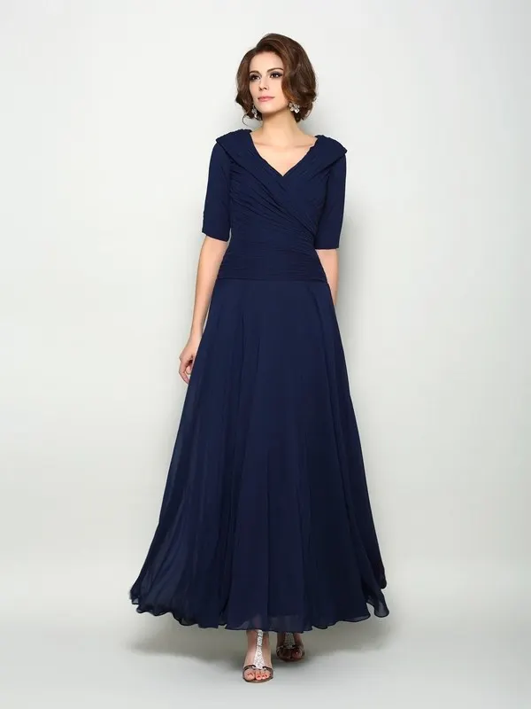 Lussooy Elegant Chiffon V Neck Pleated Short Sleeves Mother of The Bride Dress 