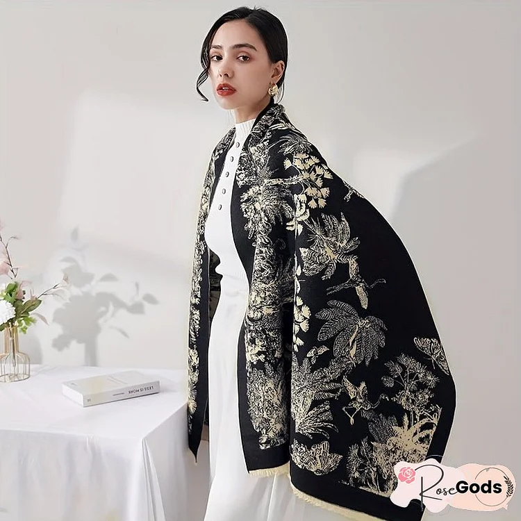 Vintage Plant Flower Jacquard Scarf Imitation Cashmere Elegant Soft Warm Cozy Fringe Shawl Autumn Winter Coldproof Windproof Blanket Scarf