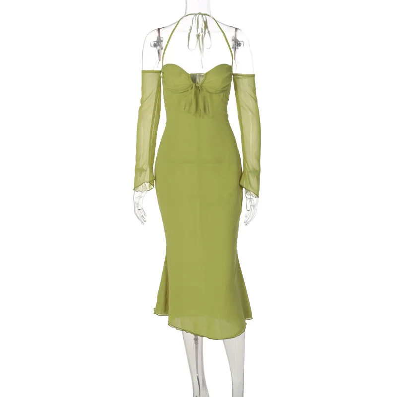 Uveng Uveng High Waist Hanging Neck Sexy Back Solid Color Slim Fish Tail Temperament Dress Long Sleeves
