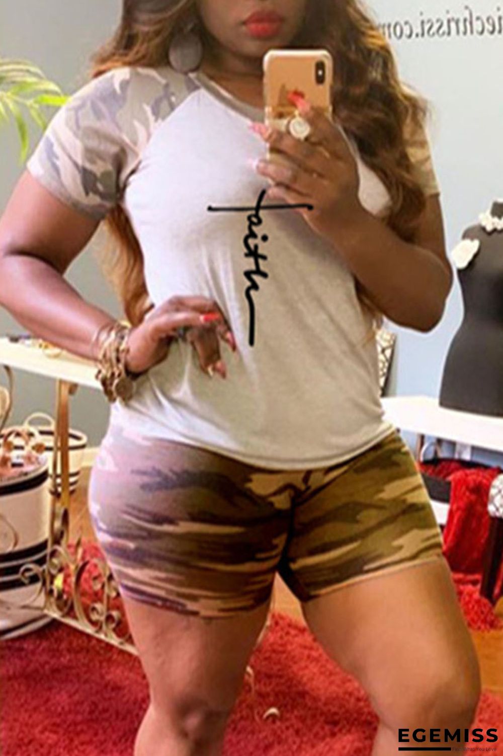 Army Green Casual Print Patchwork O Neck Short Sleeve Two Pieces | EGEMISS