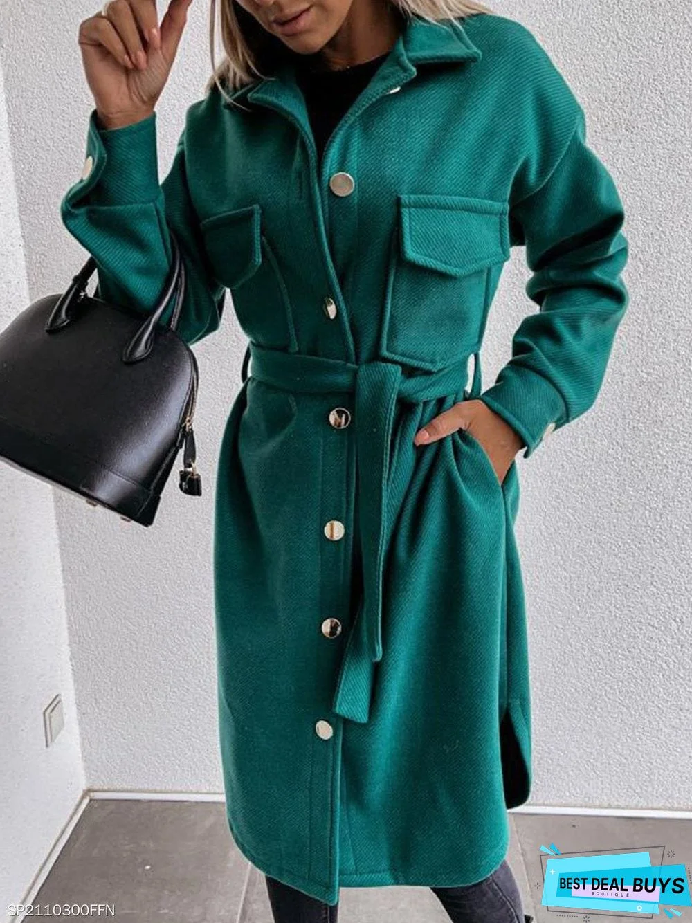 Fashion Plain Lapel Belted Woolen Coat