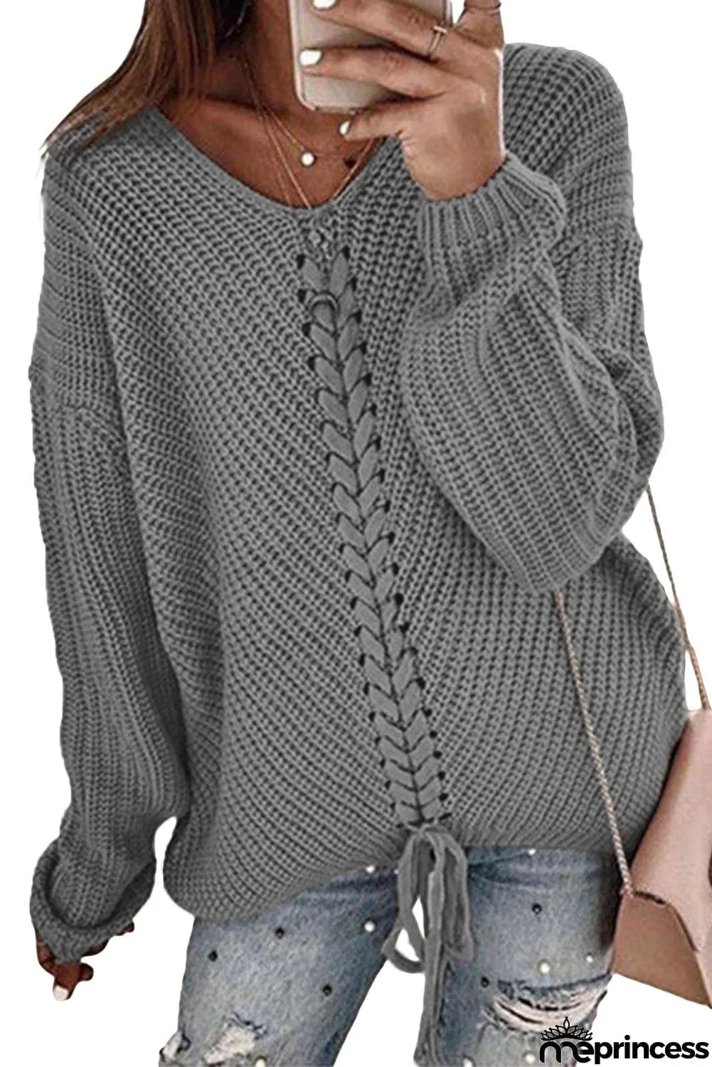 V-neck Lace Up Knitted Sweater
