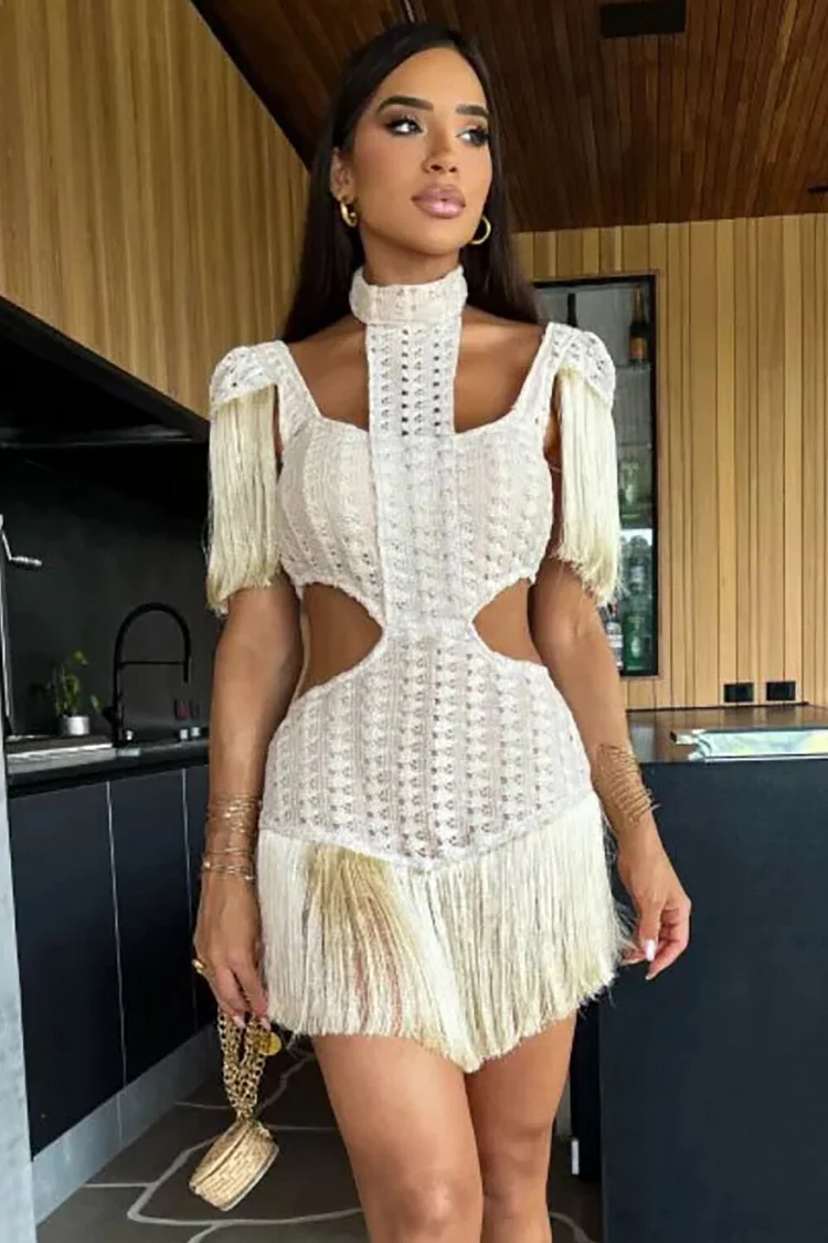 Crochet High Neck Fringed Sleeve Cutout Tasseled Mini Dresses-Beige