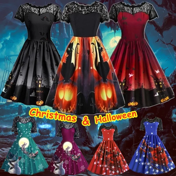 7 Colors Women Fashion Pumpkin Snowflake Print Dress Short Sleeve Lace Dress Christmas Halloween Costume Knee Length Party Dresses