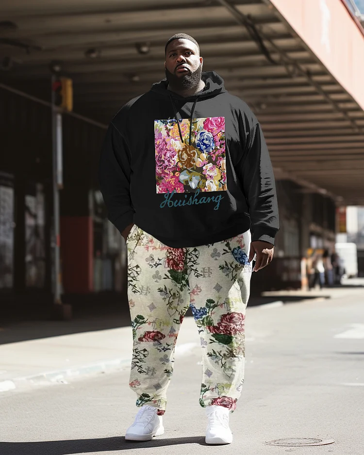 Men's Plus Size Casual Hip Hop Floral Graffiti Long Sleeve Hoodie Set