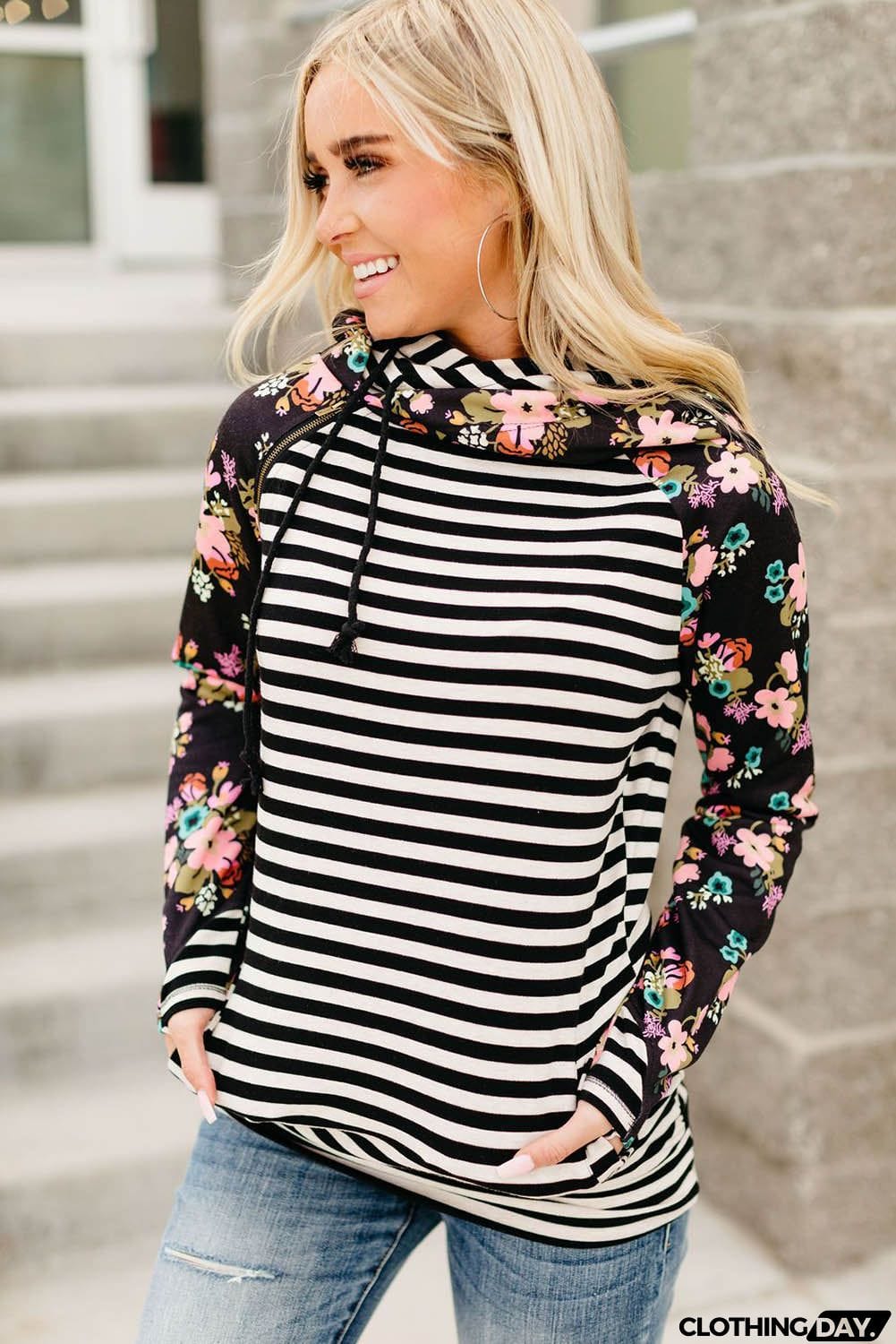 Striped Floral Print Long Sleeve Zipper Hoodie