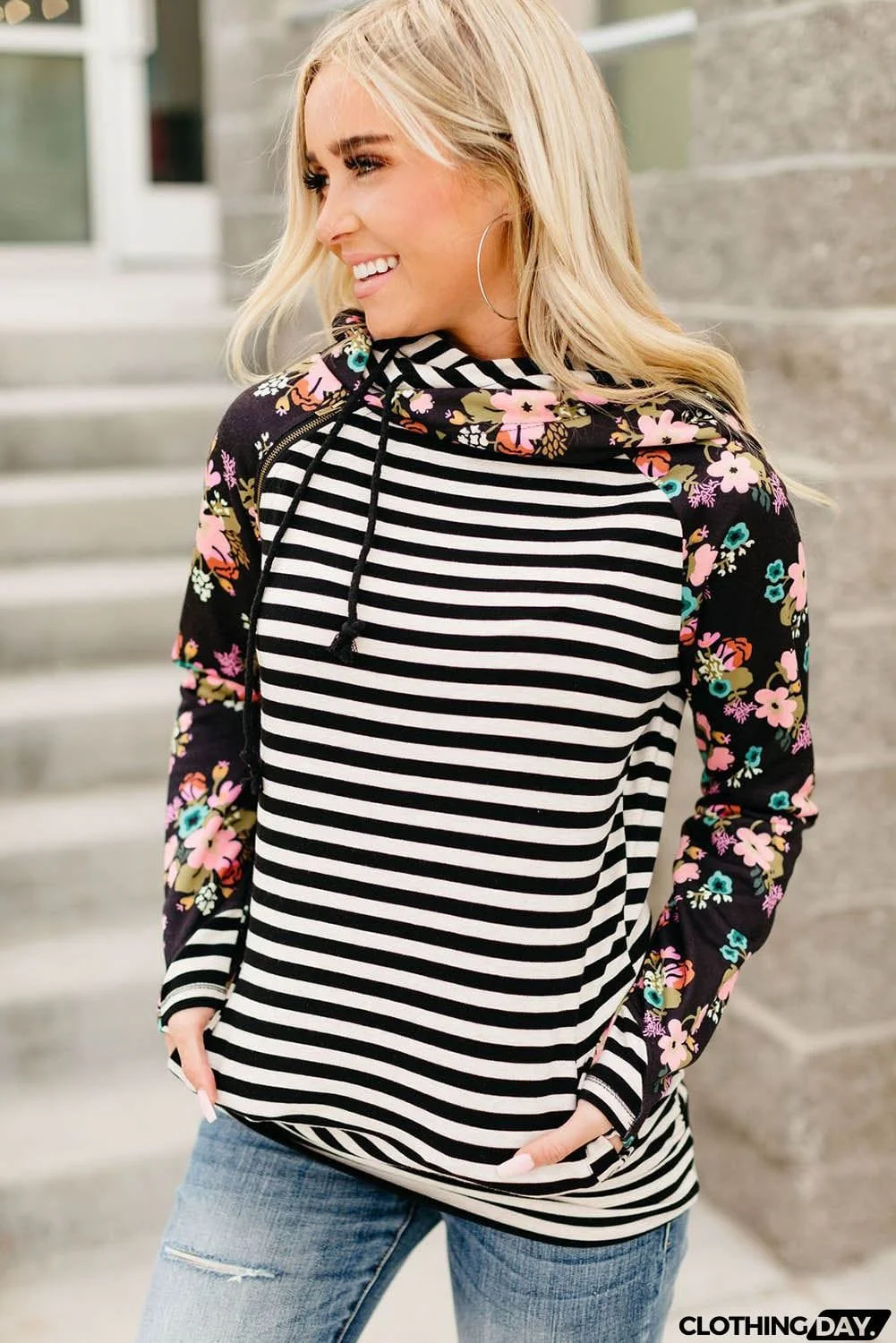 Striped Floral Print Long Sleeve Zipper Hoodie