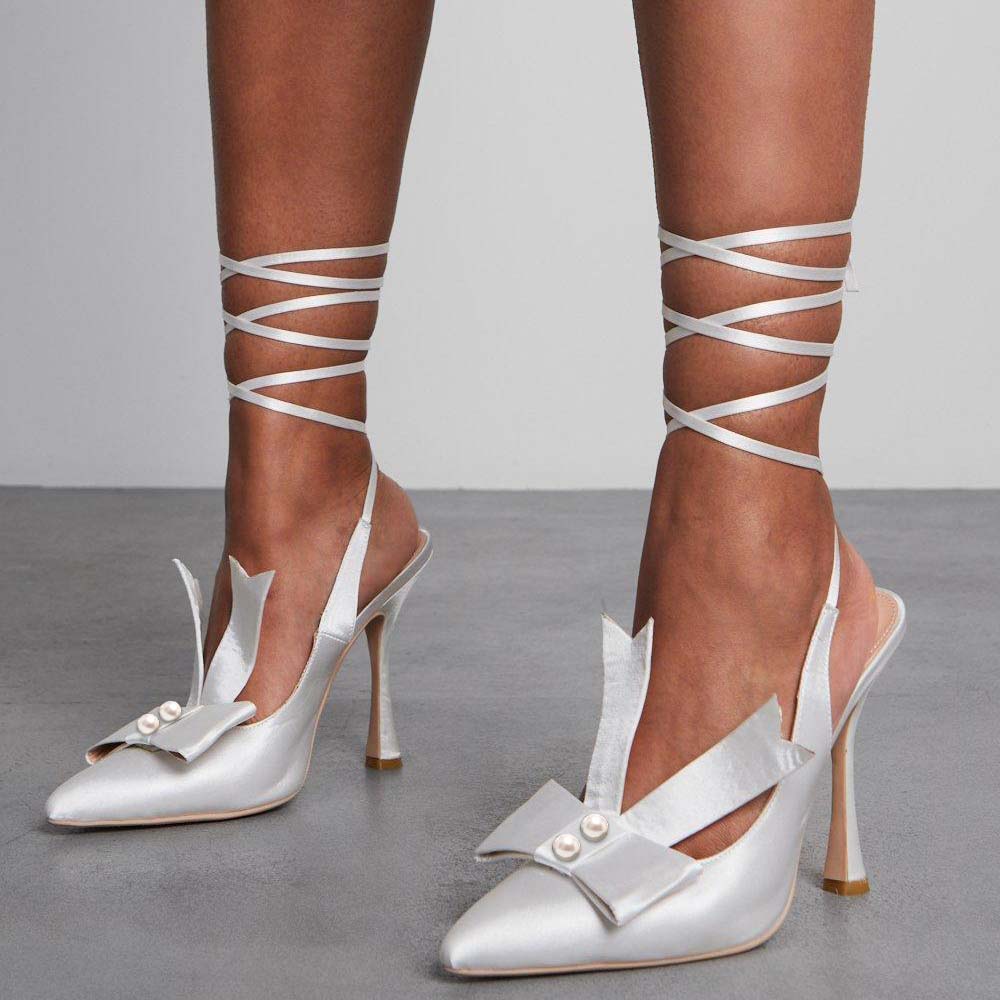 White Pointed Toe Heel Slingback Sandals Lace Up Sexy Women's Shoes