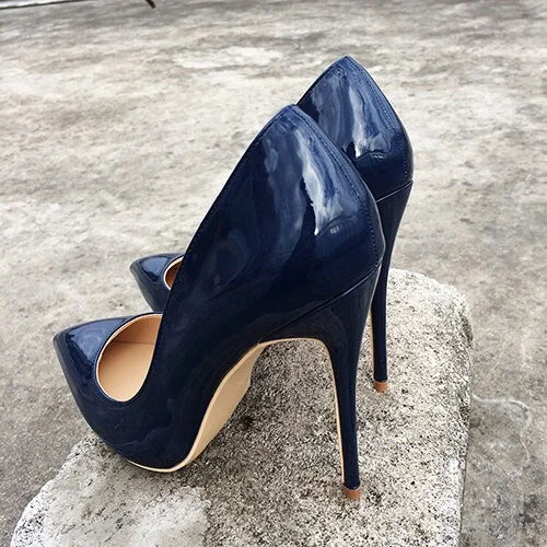 LOURDASPREC Italian Style Women Pointed Toe High Heels Gloss Patent Leather Stilettos Ladies Solid Color Pumps Shoes Navy Blue