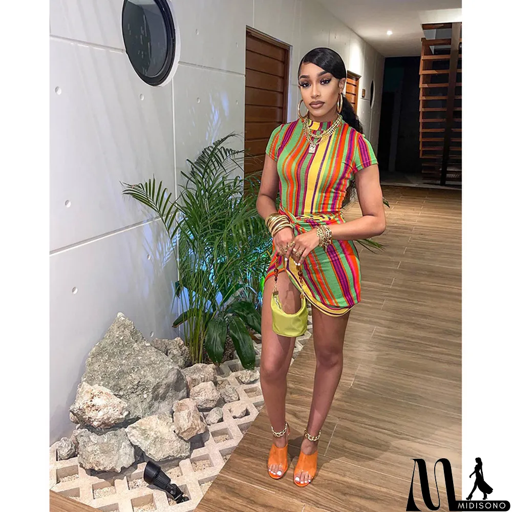 MidiSono - Casual Simple Color Striped Print Sexy Dress