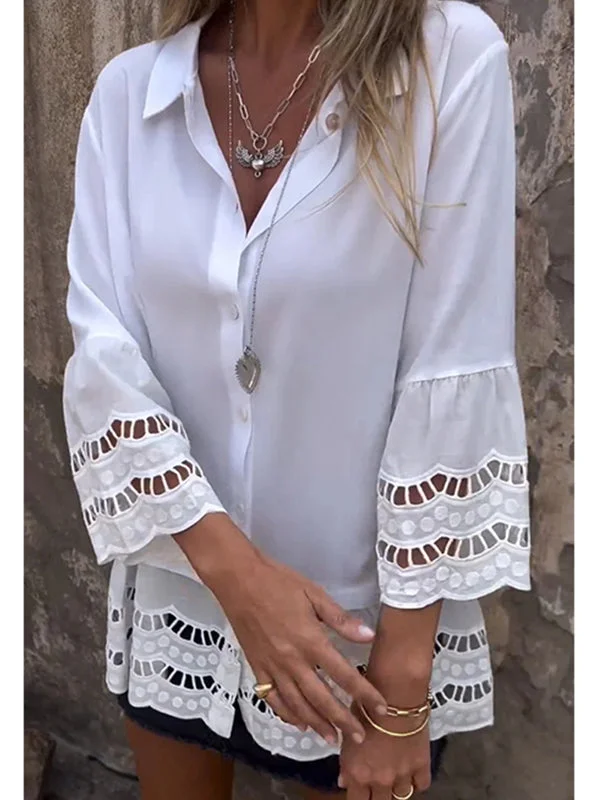 Style & Comfort for Mature Women Women Mid-sleeve Shirt with Hollow Patchwork Design