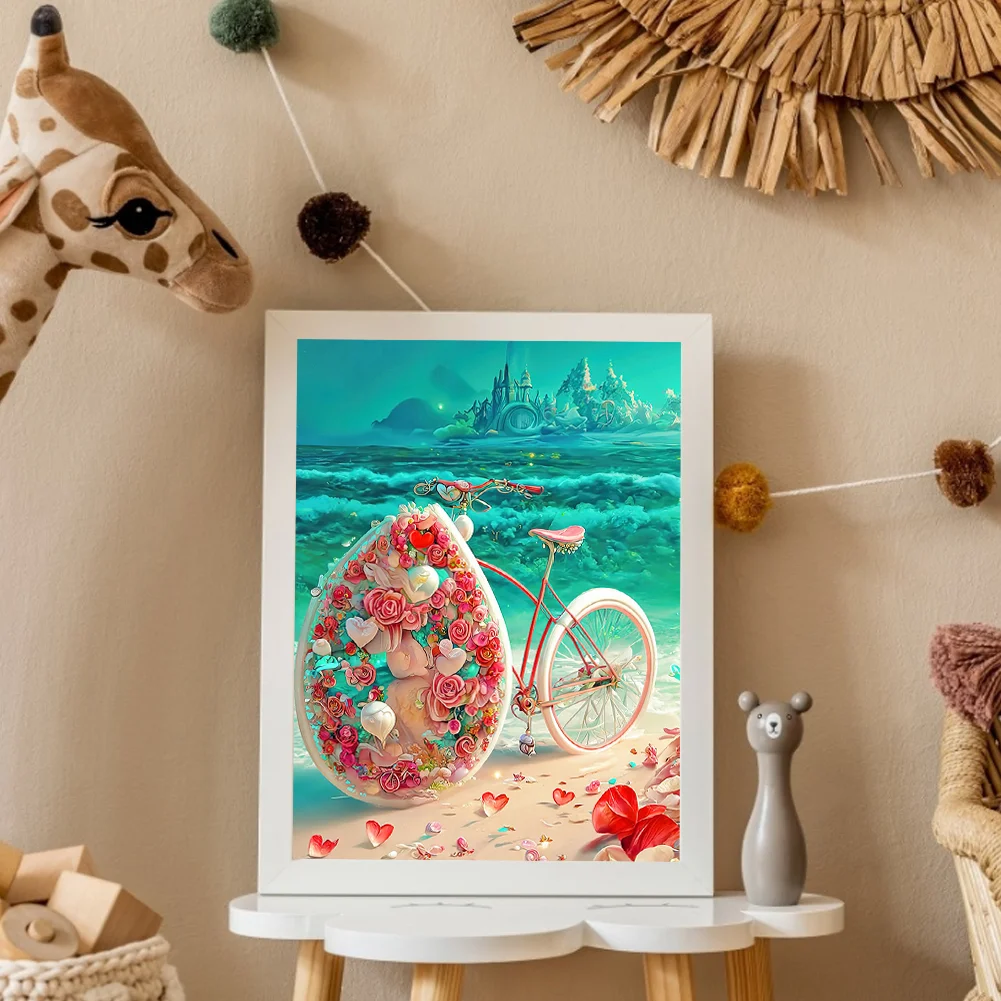 Full Round Diamond Painting 30*40cm - Beach Romantic Rose Bicycle