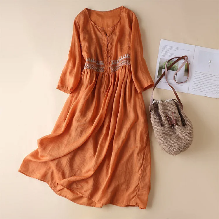 Ethnic Embroidered Loose Casual Midi Dress