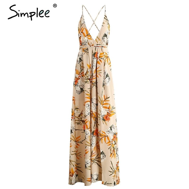 Simplee Backless boho floral print long dress Women Deep v neck chiffon sexy summer dress Autumn maxi dress party vestidos 2018
