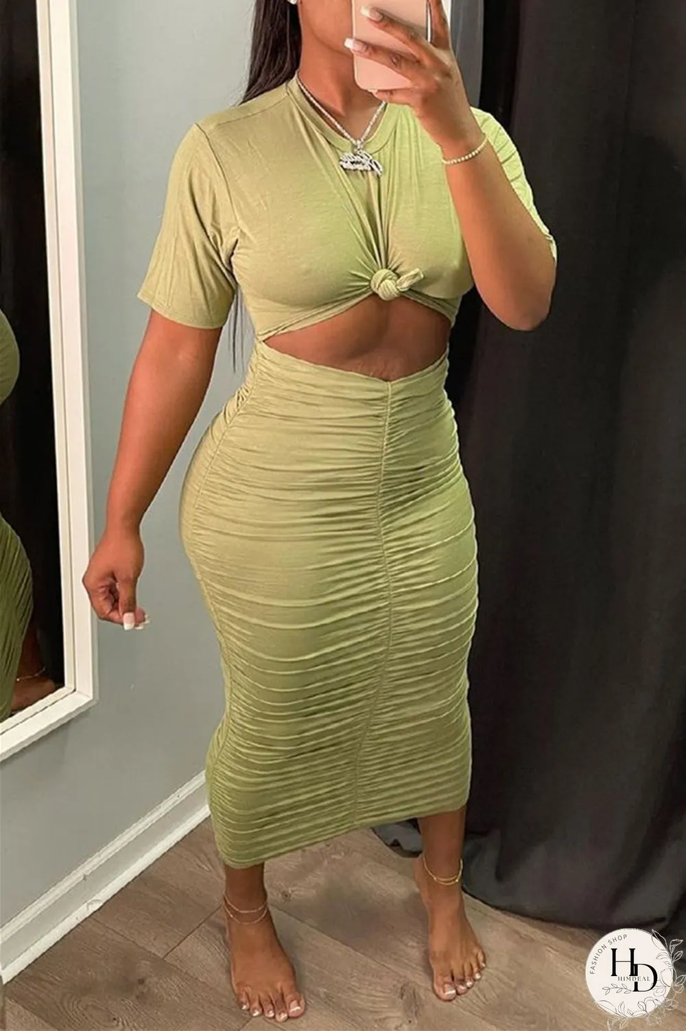 Orange Sexy Casual Solid Hollowed Out Fold O Neck Short Sleeve Dress