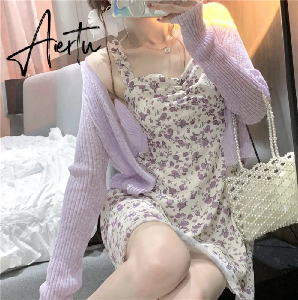 Aiertu Floral Slip Dress Fairy Dress Ladies Mini A-line Strap Dress  High Waist Ruched Purple Sundress For Women Spring  Clothing Robe Femme Aiertu