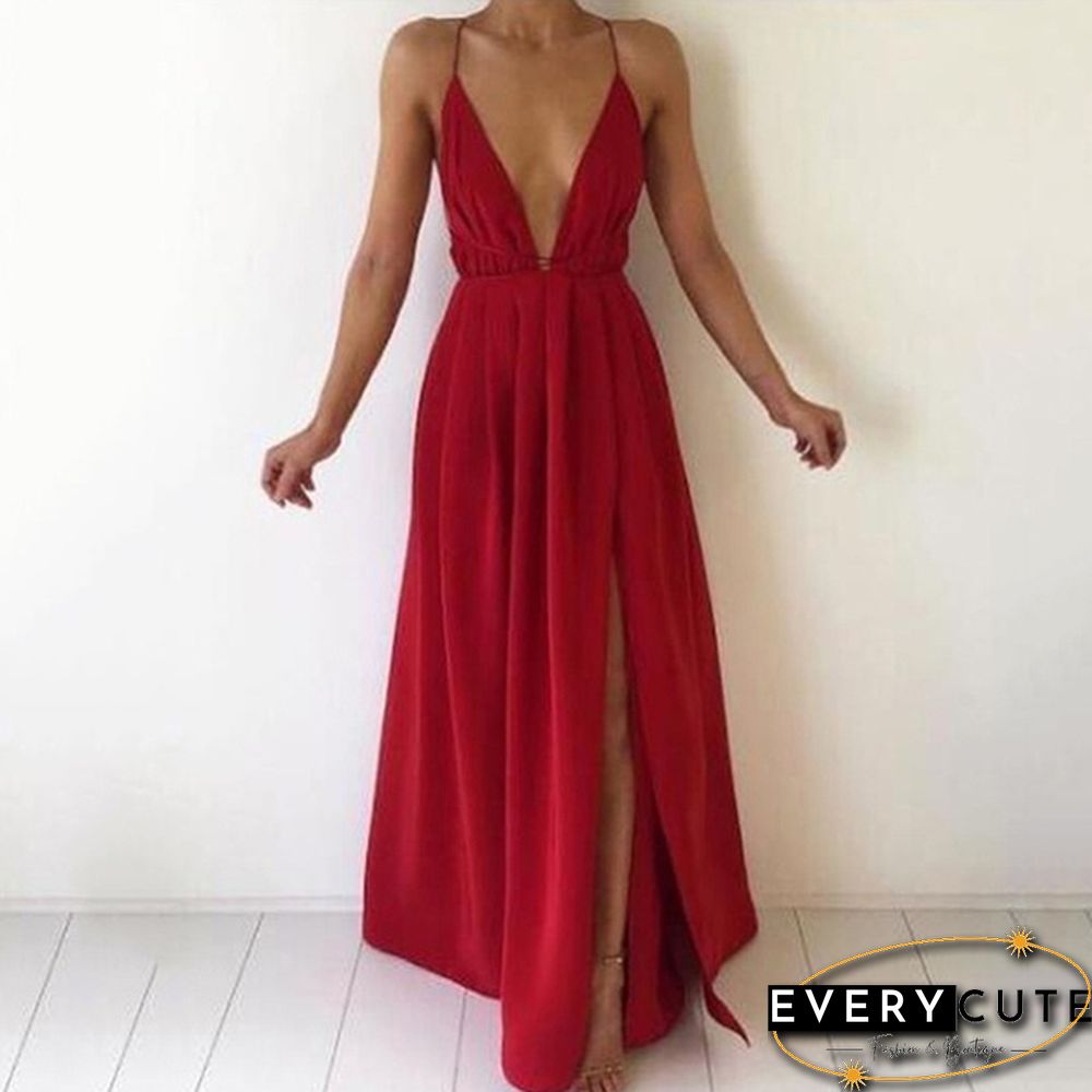 Women Fashion Sexy V-neck Sling Halter Chiffon Bohemian Split Sleeveless Solid Color Dress