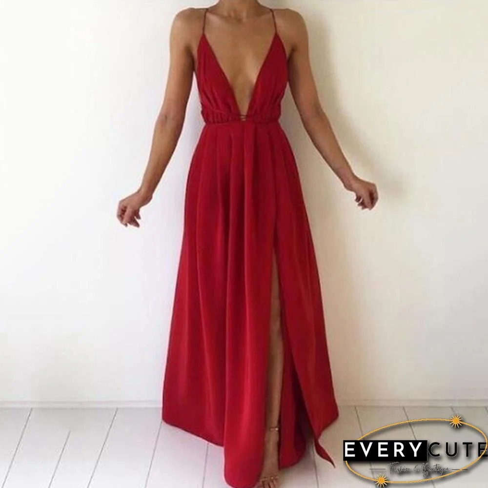 Women Fashion Sexy V-neck Sling Halter Chiffon Bohemian Split Sleeveless Solid Color Dress