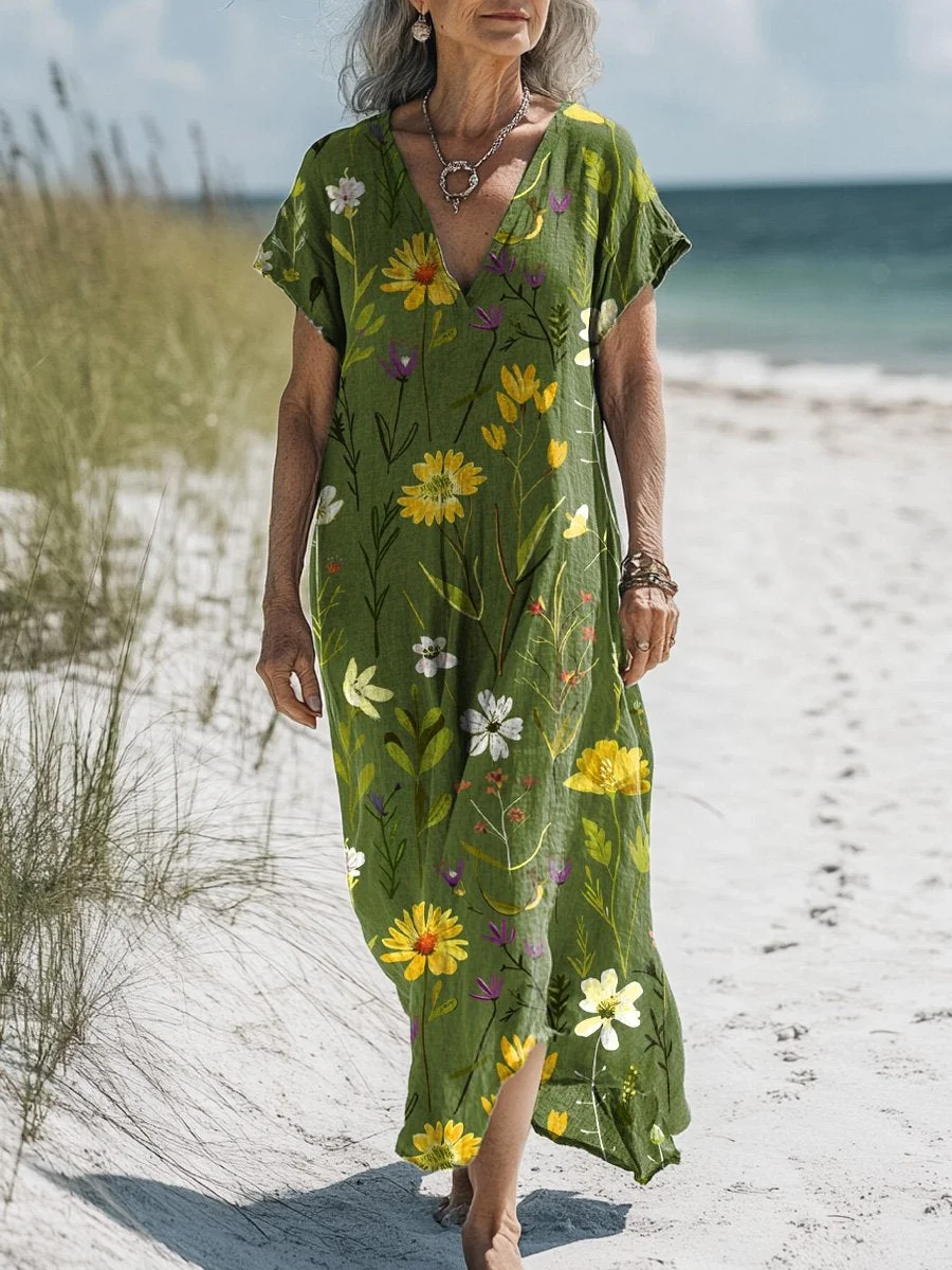 Summer Floral Field Pattern Printed Women's Pocket Cotton Dress