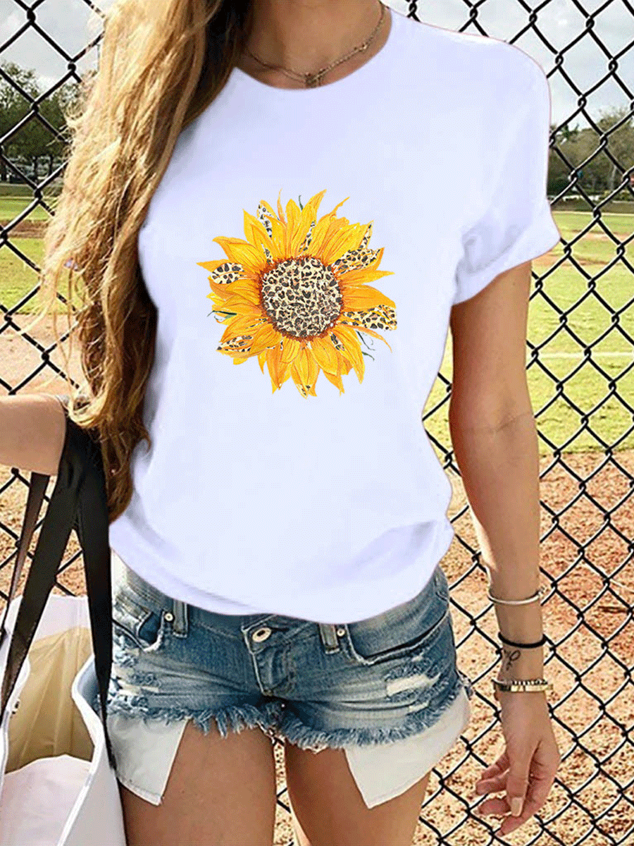 Leopard Sunflower Print Short Sleeve T-shirt