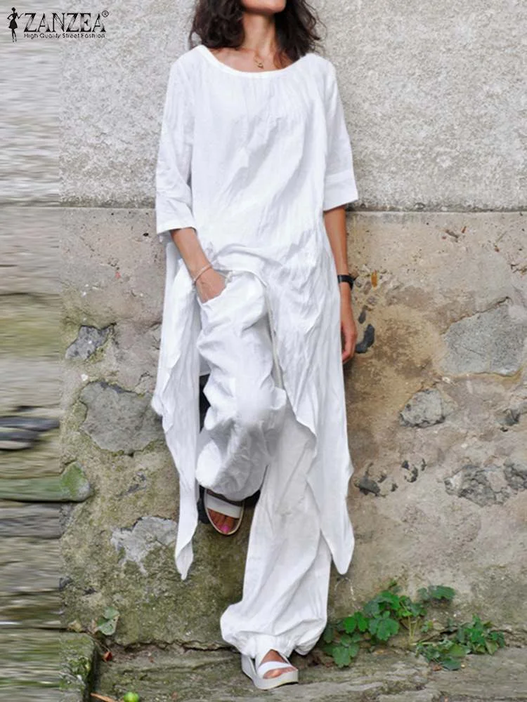 Two Piece Sets Women Tracksuit ZANZEA Fashion Summer Matching Sets 2PCS Casual 3/4 Sleeve Irregular Blouse Suits Urban Outifits7