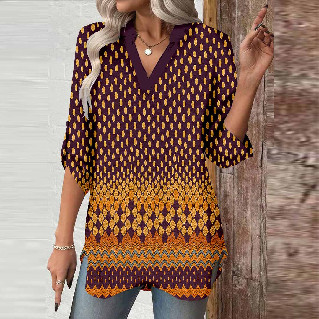 Women Polka-Dot,Red,Black DZGA0315 3/4 Sleeve V-neck Printed Graphic Button Tops