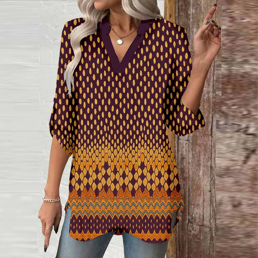 Women Polka-Dot,Red,Black DZGA0315 3/4 Sleeve V-neck Printed Graphic Button Tops